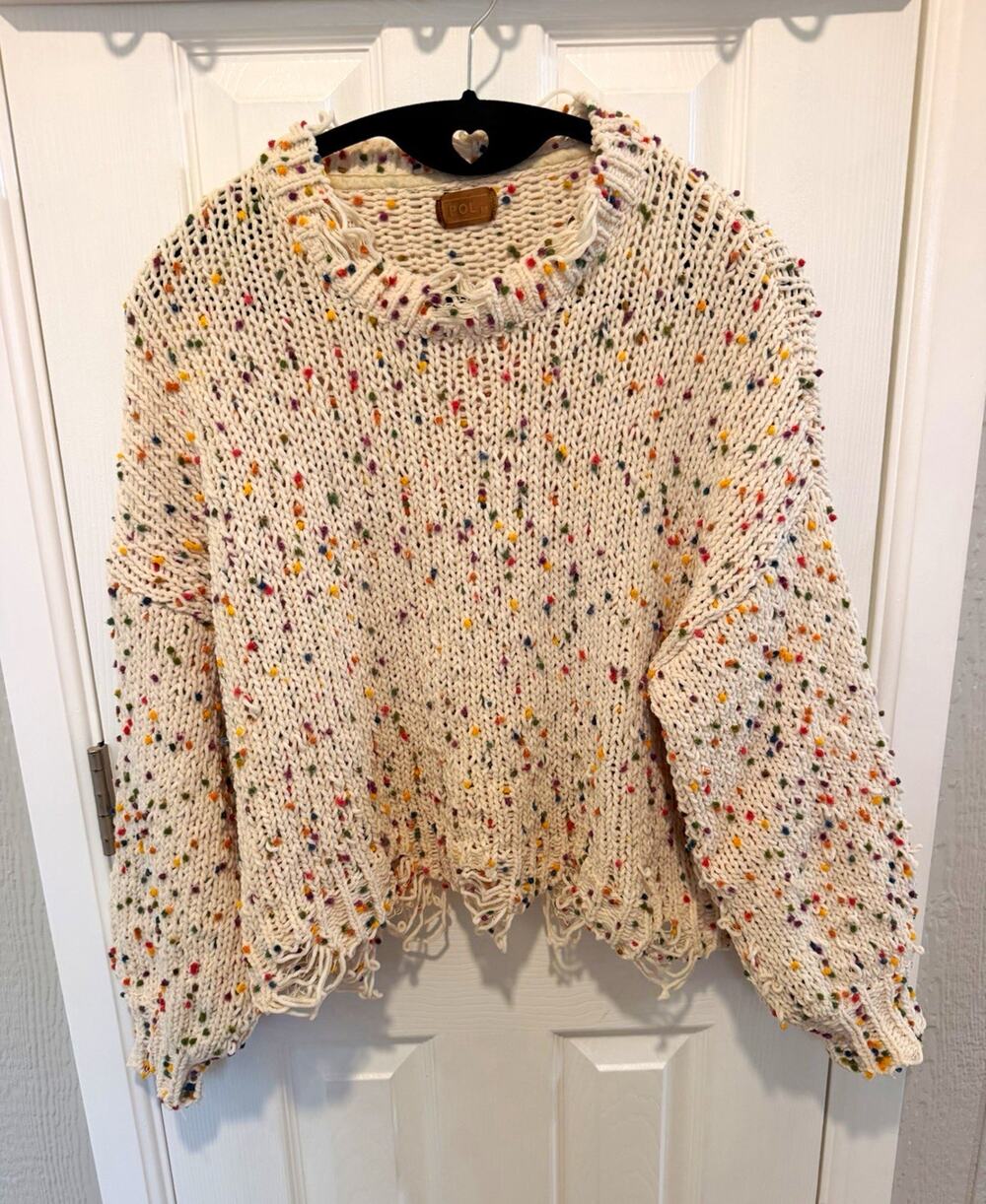 POL Women’s Kidcore Rainbow Confetti Distressed Cropped Knit Sweater